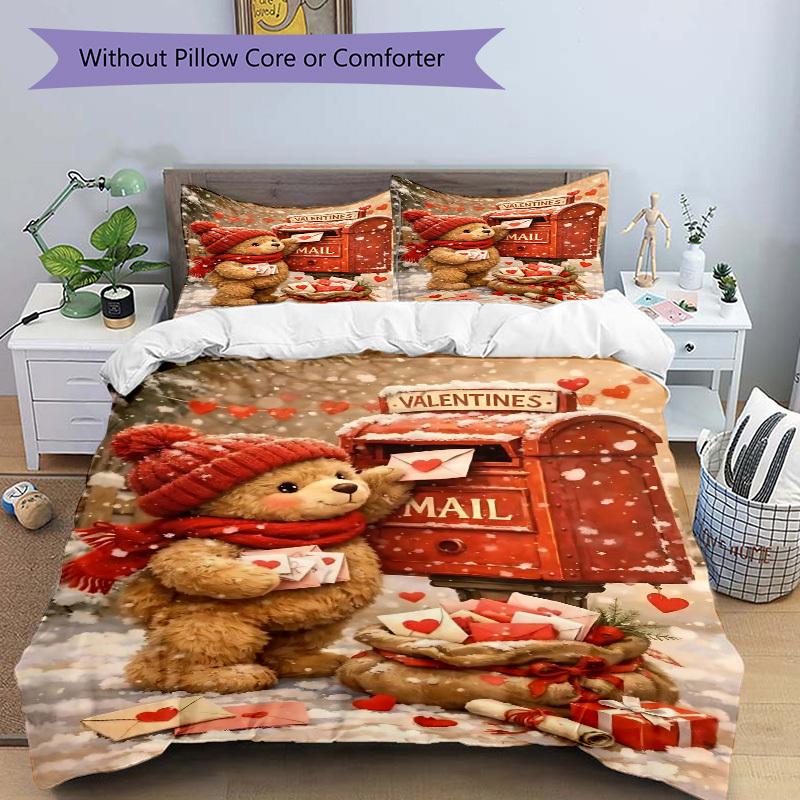 3pcs Valentines Day Gift - Cute Teddy Bear Bedding Set with Red Heart Envelopes - Includes One Quilt Cover and Two Pillowcases (No Core) - P