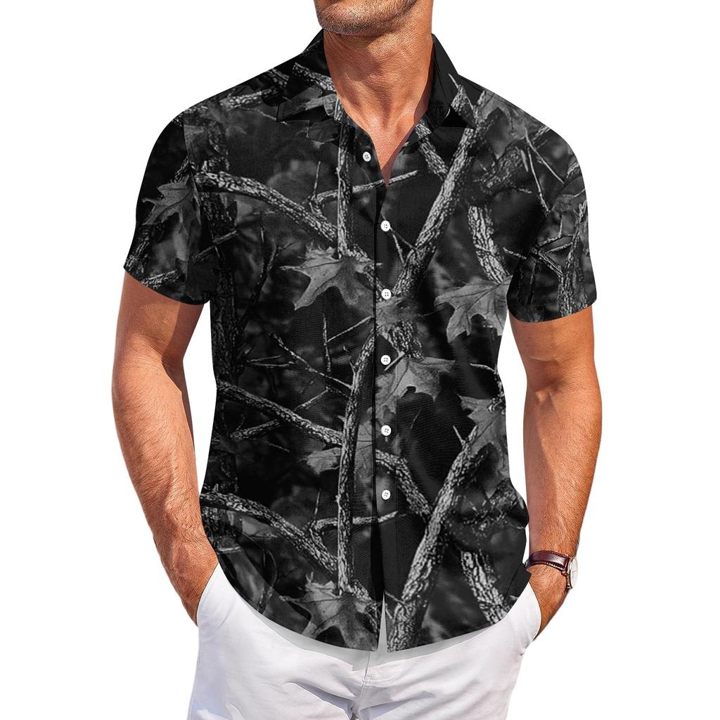Camisa casual de manga corta para hombre con estampado de camuflaje, diseño de botones, adecuada para el uso diario, actividades al aire libre y viajes.