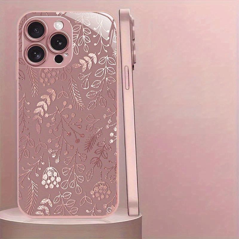 

Creative Pink Flower Plants Pattern Metallic Paint Glass Phone Case For iPhone 11 12 13 14 15 16 17 Pro Max Plus 16E 17Air Cover iPhone 13 Pro