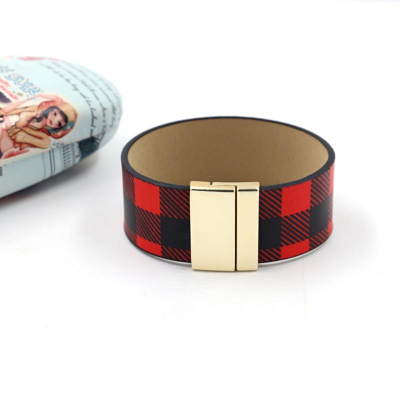 Bracelet for Women Fashion Jewelry Christmas Series Red Plaid Bracelet PU Leather Wide Bracelet