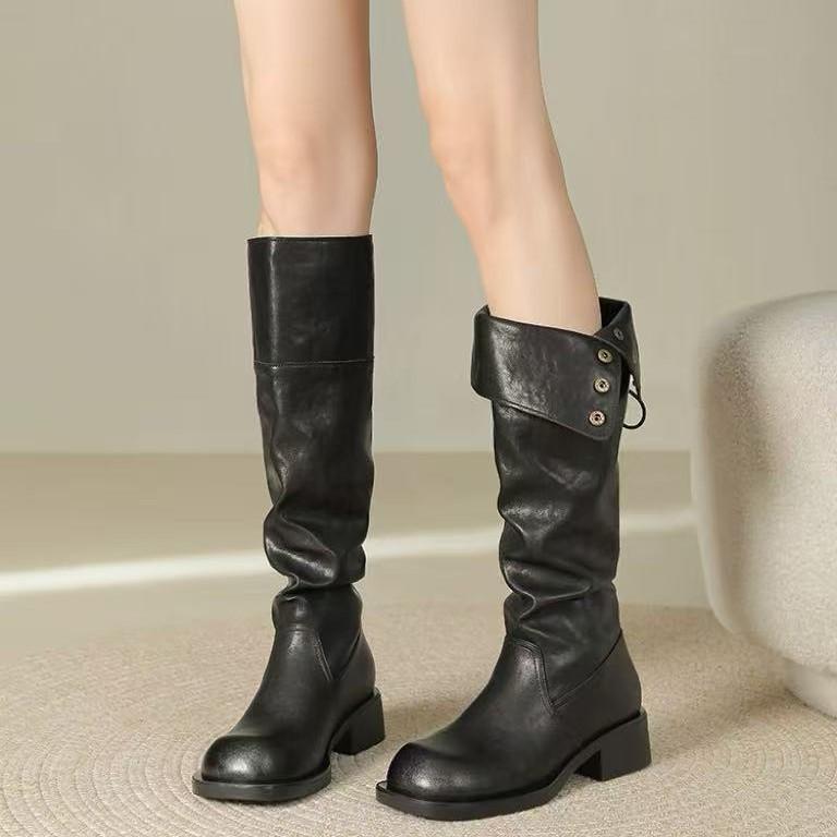 Cowhide Version~ Genuine Leather Platform Two Through Knee Boots Women's Retro Thick Heel Stacked Boots Western Cowboy Boots Knight Boots