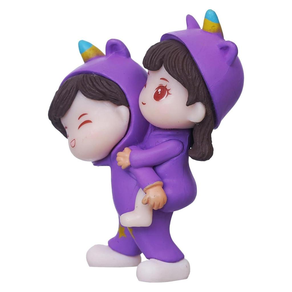 Purple Miniature Cute Couple Statue Girl On Boy's Shoulder Decorative Showpiece - Valentine Gift for Girlfriend, Boyfriend, Husband, Wife (Polyresin)