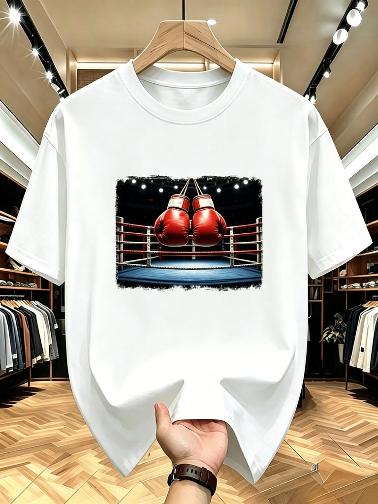 Unisex O Neck Tee Boxing Gloves Arena Scene Graphic Print Cotton Short Sleeve Loose Summer Breathable Daily Casual Basic Wear Top