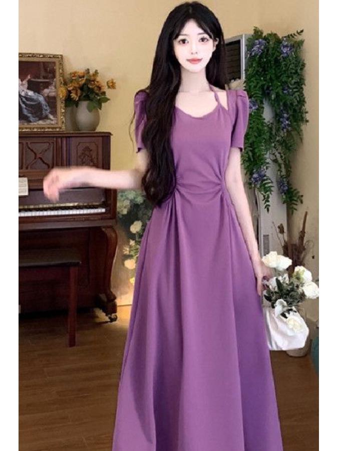 Elegant French Summer Plus Size Slimming Dress - Two-Piece Design with Waist-Cinched Long Skirt