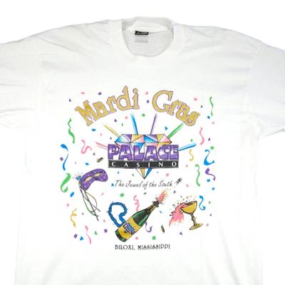 Vintage Mardi Gras T Shirt Mens Size XL White 90s Palace Biloxi Made In USA