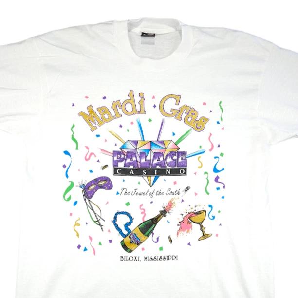 

Vintage Mardi Gras 100% Cotton T-shirt Mens Tees Top Mens Size XL White 90s Palace Biloxi Made In USA XL
