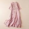 Women's Fairy Embroidered Ramie Dress - Round Neck, Pullover, 5-Point Sleeves, Long Summer Style