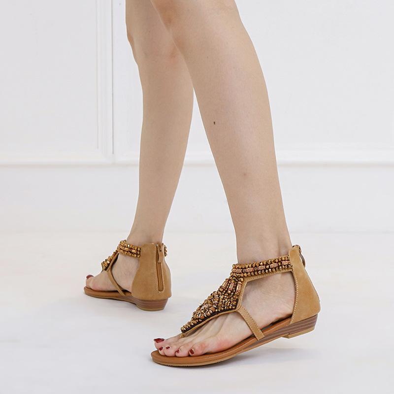 Women's Casual Sandals  Vacation Pinch Sandals 2024 Summer Versatile Slope Heel Rhinestone Roman Sandals JZJ-588-3