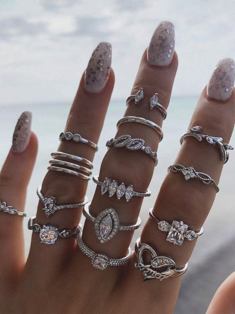 15pcs/Set Knuckle Water Drop Hollow Rhinestone Heart Design Open Rings Vintage Silver Color Women Ring Valentines Jewelry Gifts