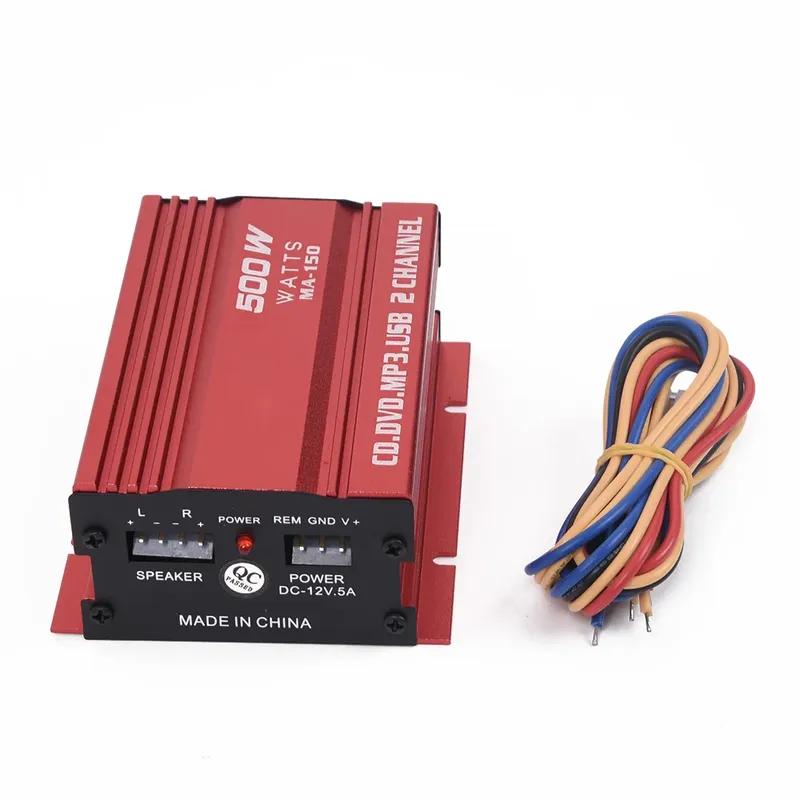 1set Car 12V 500W 2 Channels Mini Hi-Fi Stereo Audio Amp Subwoofer Aluminum Alloy Red L/R Speaker Power LED Indicator