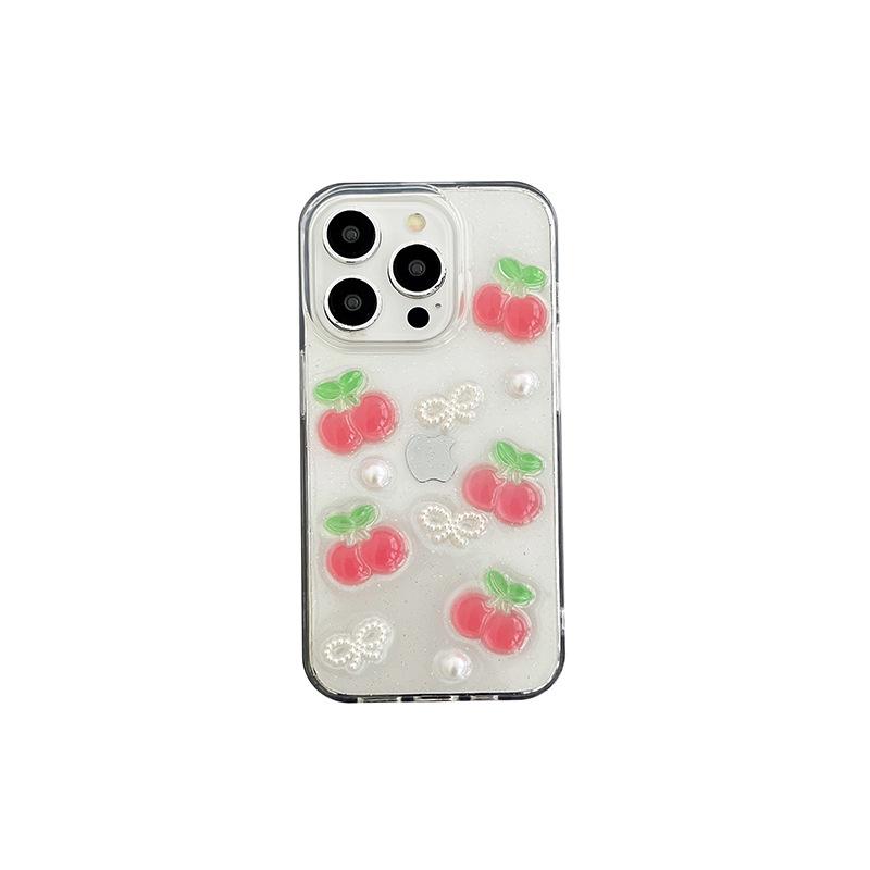 Cherry and Peach Mobile Phone Case Is Suitable for Apple 17Promax Glitter Pearl Iphone16 Bow Tie Transparent Women's Model.