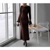 Spring New Women's Clothing French Style Casual round Neck Long Sleeves High Waist A- line Knitting Mid Length Long Length Mini Dress