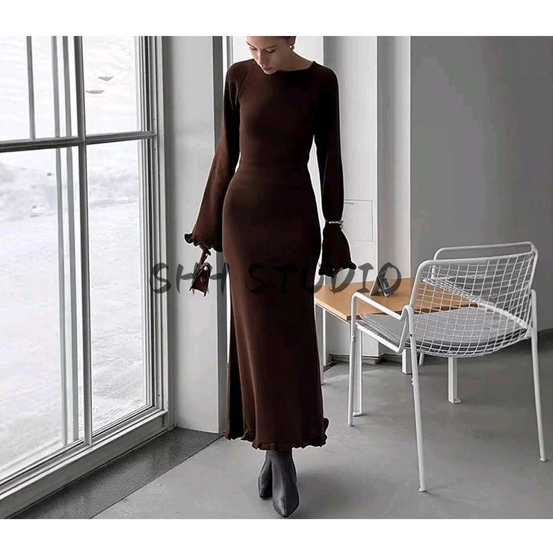 Spring New Women's Clothing French Style Casual round Neck Long Sleeves High Waist A- line Knitting Mid Length Long Length Mini Dress