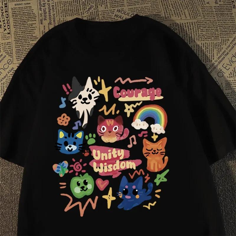 

Корейская ретро милая футболка с коротким рукавом с кошкой для женщин, повседневный свободный летний топ с круглым вырезом, женская одежда, графические футболки Y2K 3XL