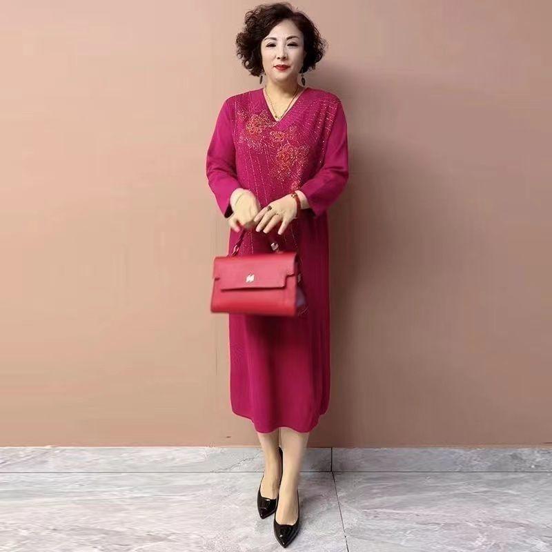 Women's V-Neck Plus-Size Sweater Dress Autumn Loose Embroidered Long Knit Dress