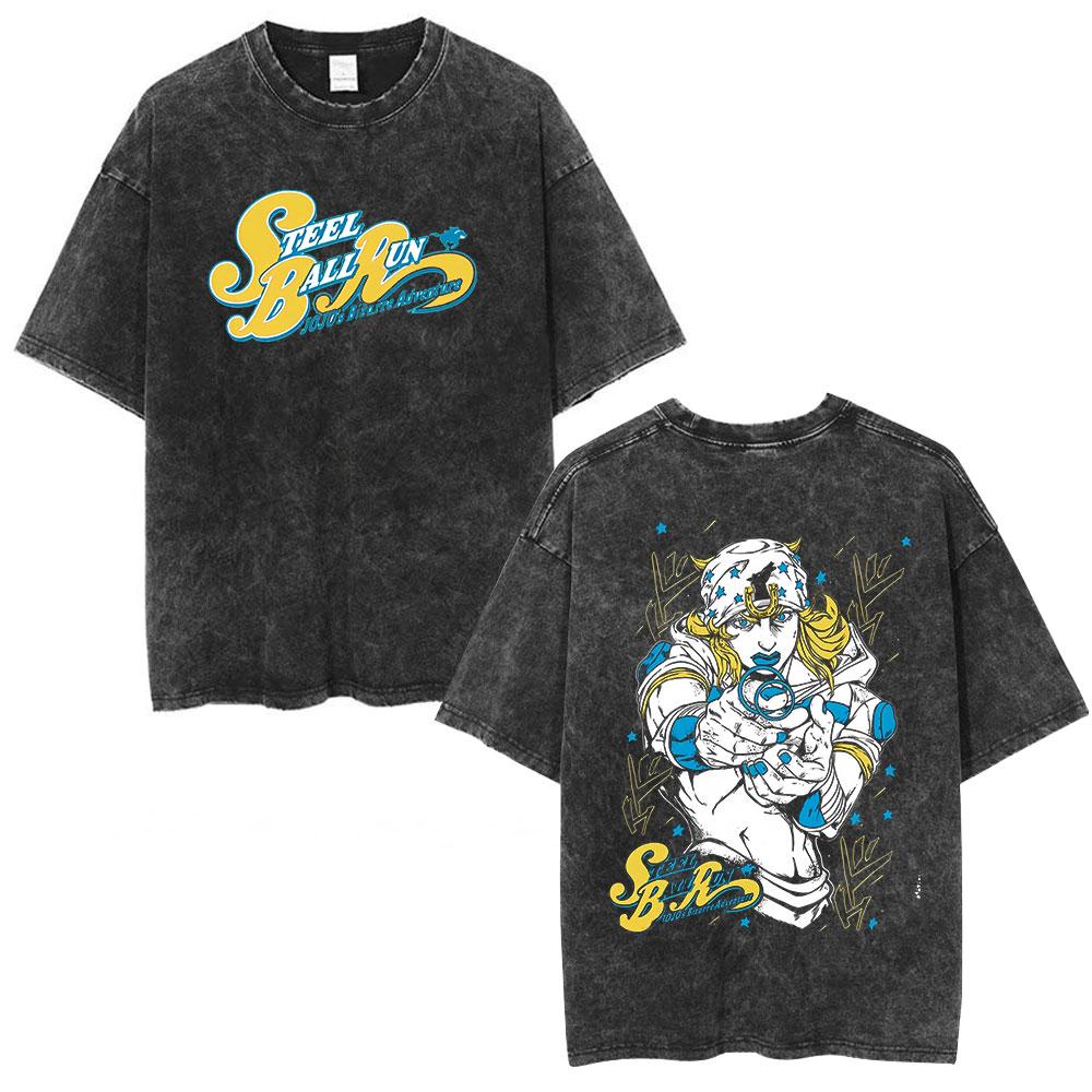 Anime Jojo Bizarre Adventure STEEL BALL RUN Jonathan Joestar Vintage Washed Shirt Men's Clothing Fashion Short Sleeves T-shirts