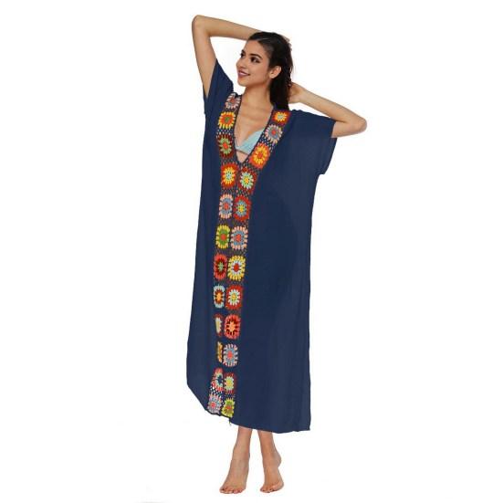 Women Summer Cover Up Dress V-Neck Short Sleeve Crochet Flower Decor See-through
