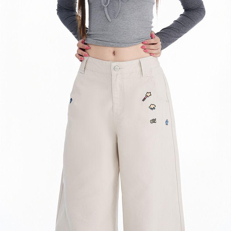 Autumn and winter new cartoon embroidered casual pants women's straight loose and versatile wide-leg scimitar pants