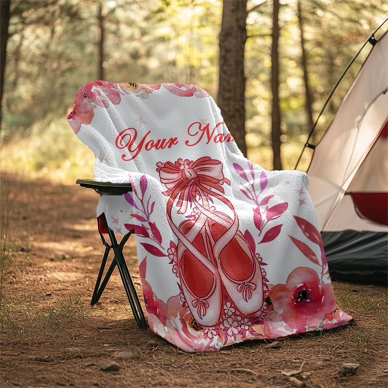 1PC Custom Name Dance Shoes Floral Background Outdooor Flannel Blankets Patterns Throw Blanket All-Season Soft Gift for Couch, Bed, Camping Gifts