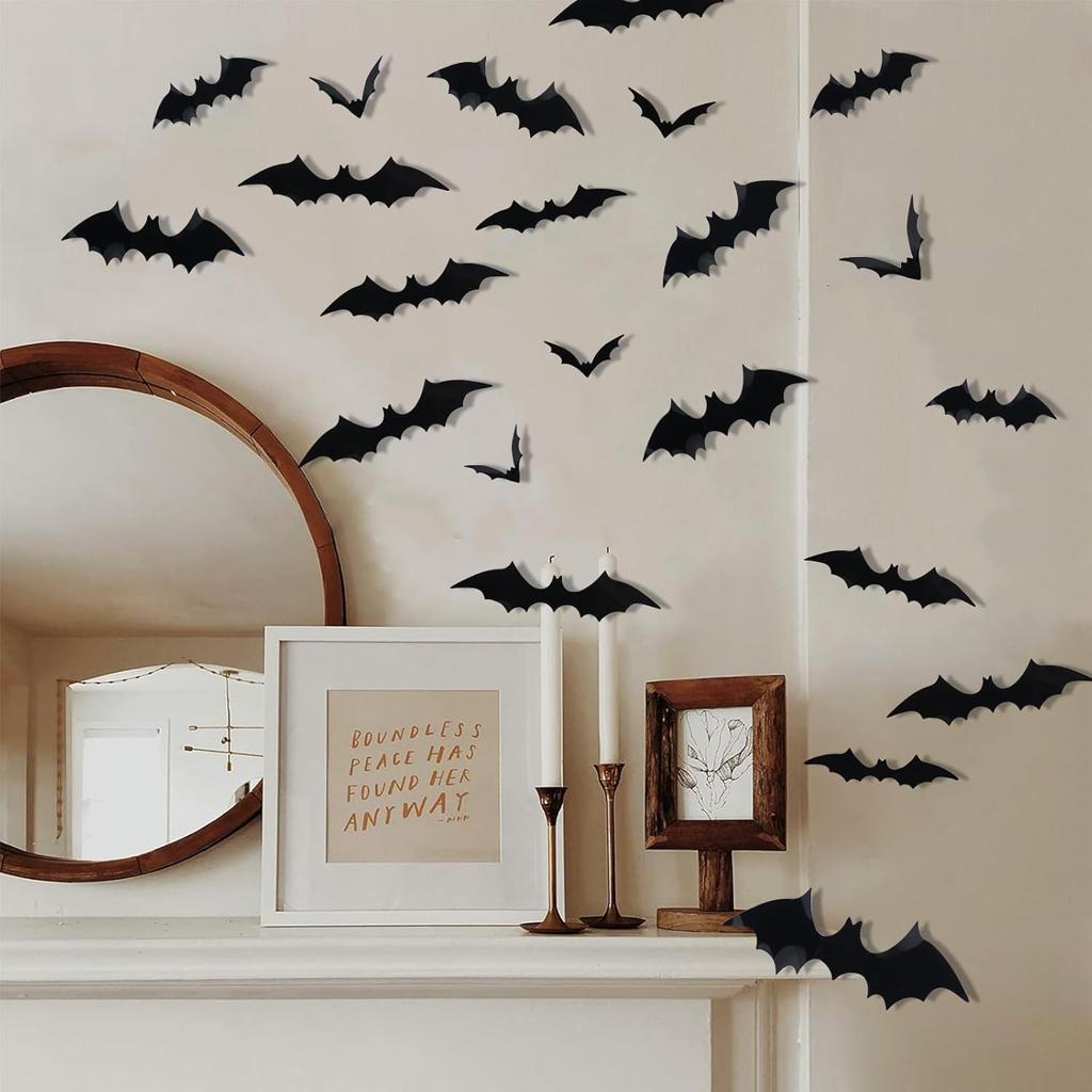 Halloween Decorations, 120PCS Bats Halloween Decor Indoor Outdoor, Realistic PVC 3D Black Scary Bat Stickers Wall Decor for Party Decorations