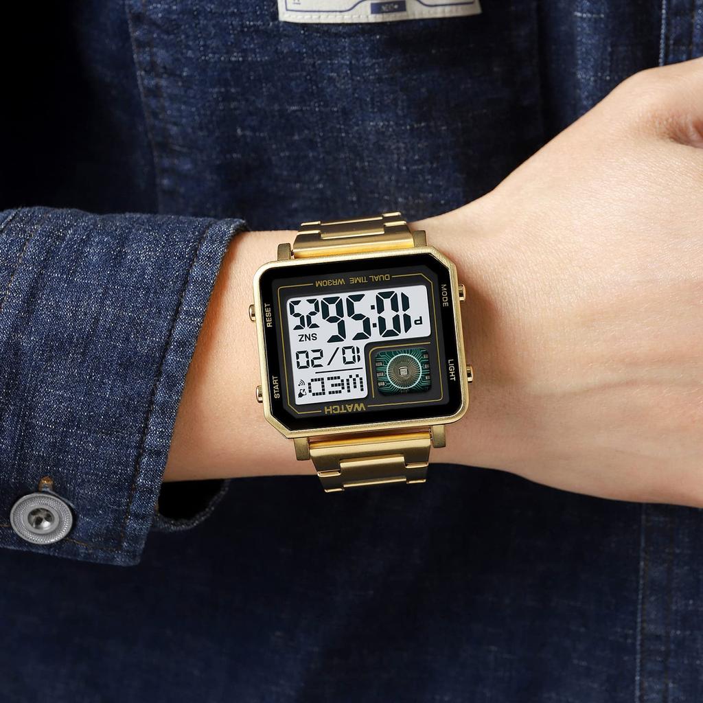 Reginald Watches for Men Fashion Trend Multifunction Outdoor Sports Watch LED Large Digital Display Chronograph Stainless Steel Square Watches