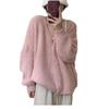 Retro gentle wind knitted cardigan top women's autumn and winter new solid color V-neck loose lazy sweater jacket