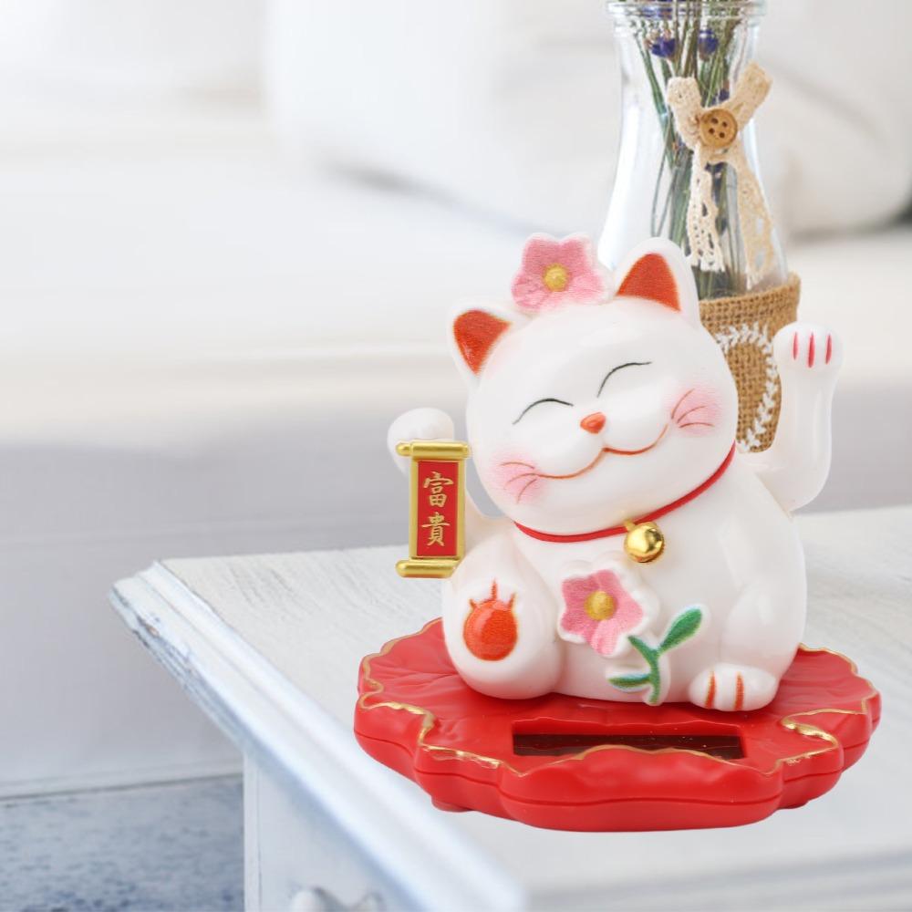 3in Solar Waving Cat Ornament ABS Light Operated Lucky Cat Decor Outdoor Porch Display Piece