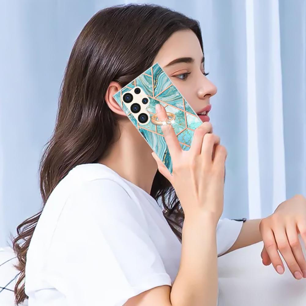 For Samsung Galaxy S24 Ultra Back Cover with Ring Kickstand Splicing Marble Pattern TPU Case