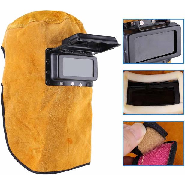 Leather Welding Mask, Large Viewing Welding Heat Resistant Breathable Helmet with Lens, for Arc Weld Grinding Welder Mask, Welding Helmets