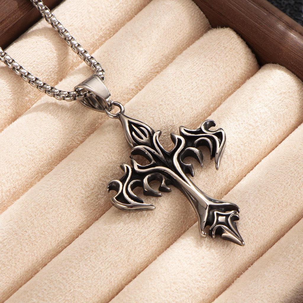 Men's Retro Stainless Steel Cross Necklace with Scroll Pattern and Distressed Long Box Chain