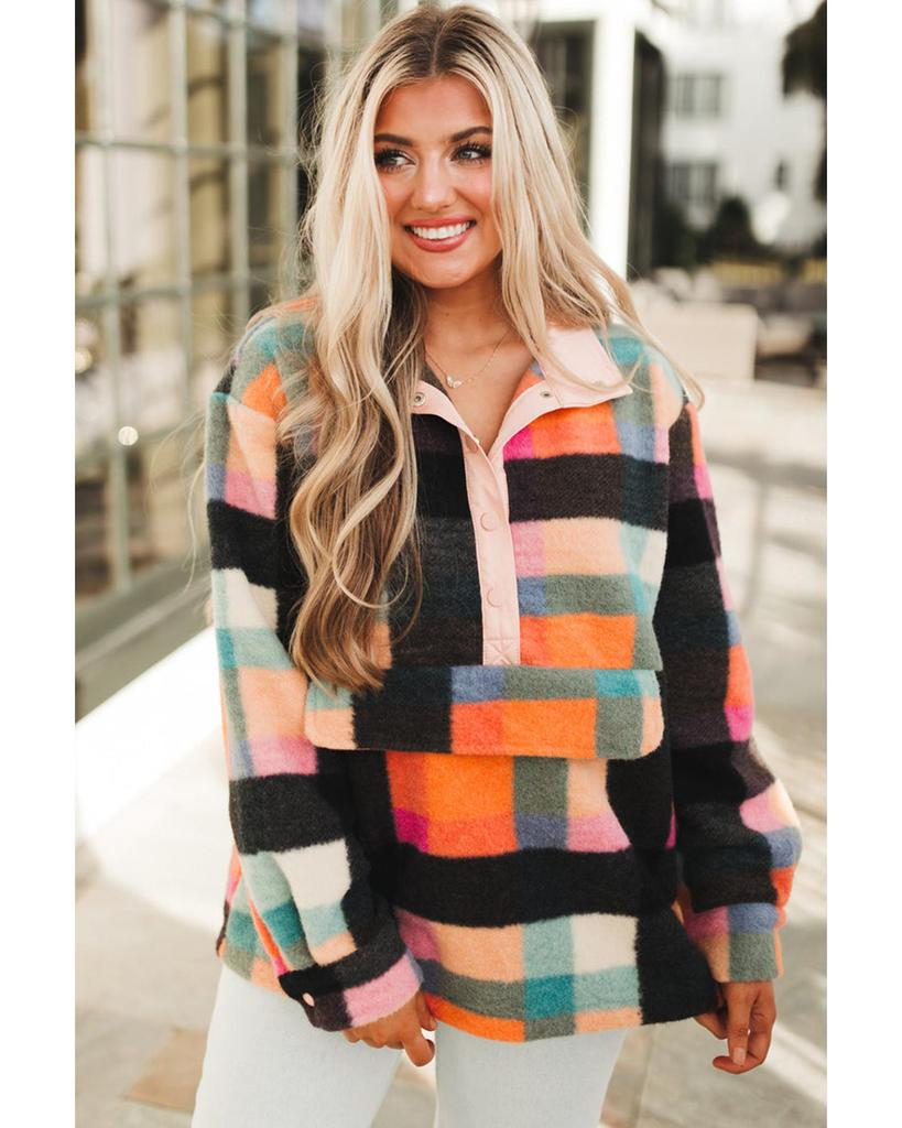 Azura Exchange Black Plus Size Checkered Print Sherpa Henley Sweatshirt