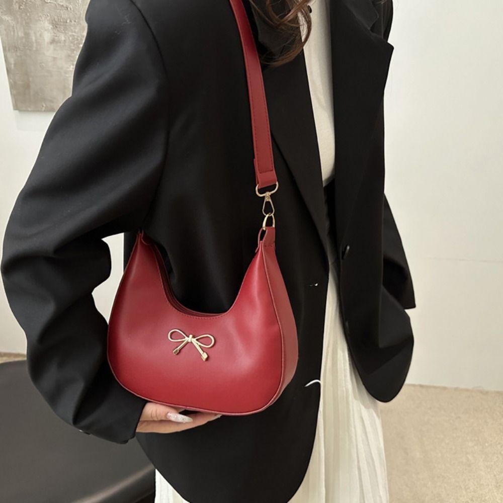 PU Leather Crescent Bag Handbag Crossbody Bag Simple Bow Shoulder Bag  Women