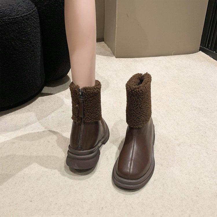 Xiaohongshu popular winter PU short tube thick heel artificial short plush rear zipper low heel (less than 3cm)