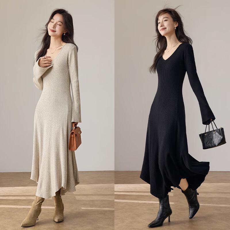 VICTORIA&VERA Women's V-Neck Knit Flare Sleeve Midi Dress