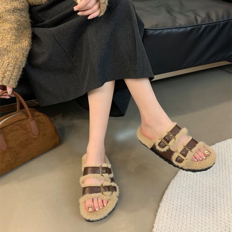 2025 New Autumn and Winter Thick-soled Retro Fluffy Slippers Women's Shoes Wear Warm Cotton Slippers