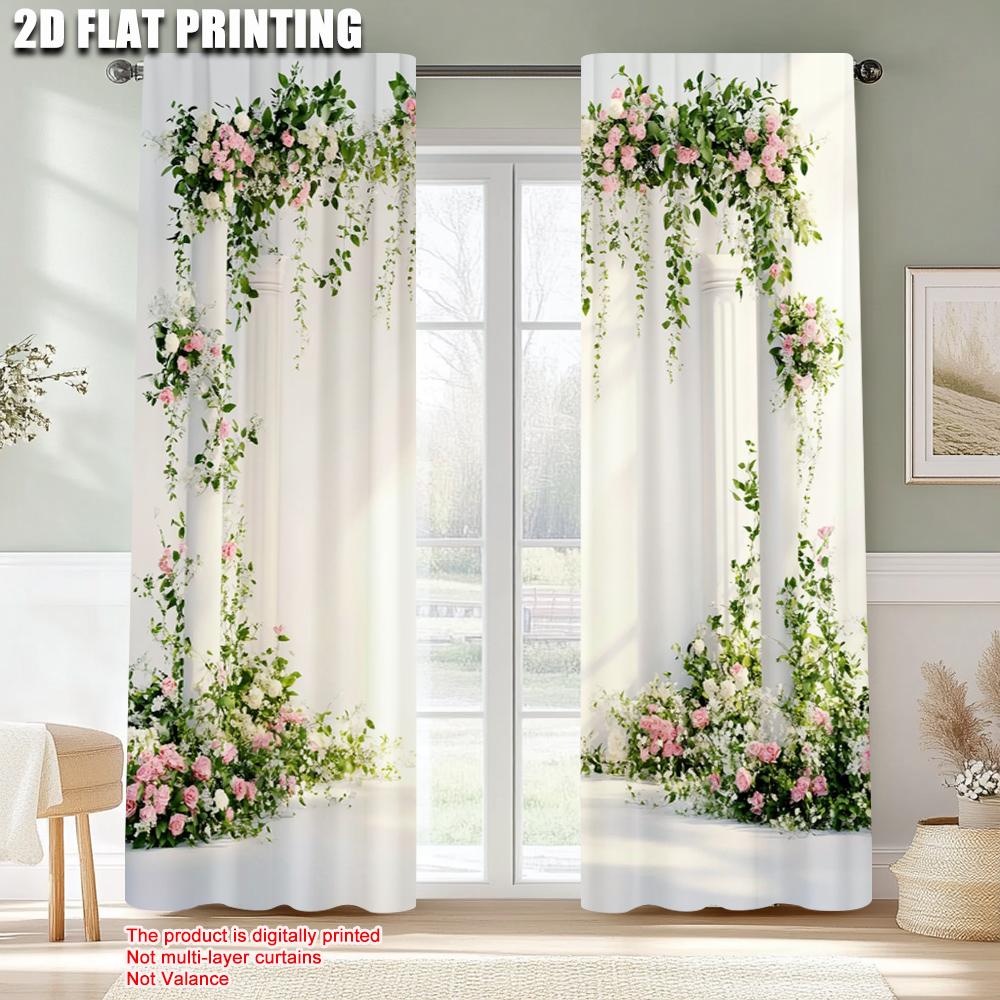 2pcs, Window Curtain 2D Print Flower & Rose Durable Polyester (without Rod) Thermal Insulation, and Room Darkening Functions Use
