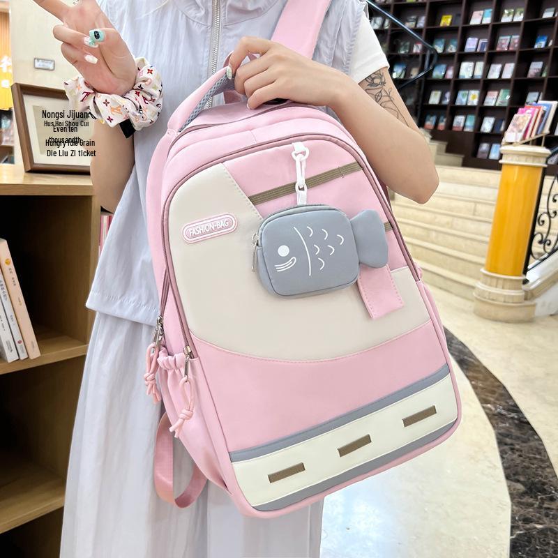 Large Capacity Color Block Student Backpack with Small Fish Pocket - Wear-Resistant Casual Design