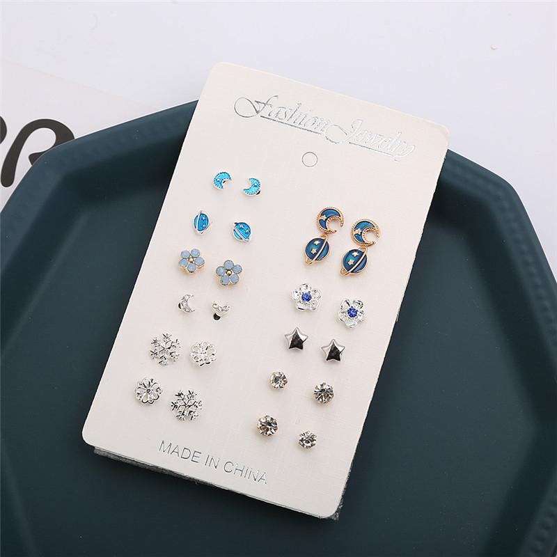 12 Pairs Small Planet Moon Star Stud Earrings Set For Women Simple Geometric Flower  Earrings  Party Jewelry