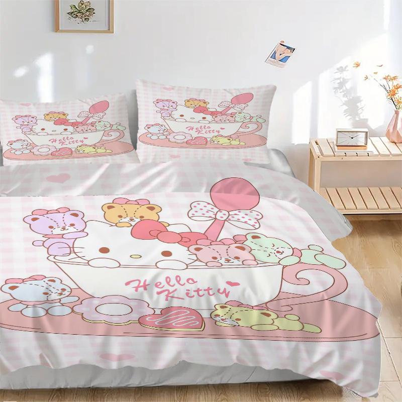 3pcs Sanrio Hello Kitty & Colorful Bear Bedding Set 1 Soft Quilt Cover + 2 Pillowcases, Machine Washable Suitable for All Seasons, Perfect Gift W096