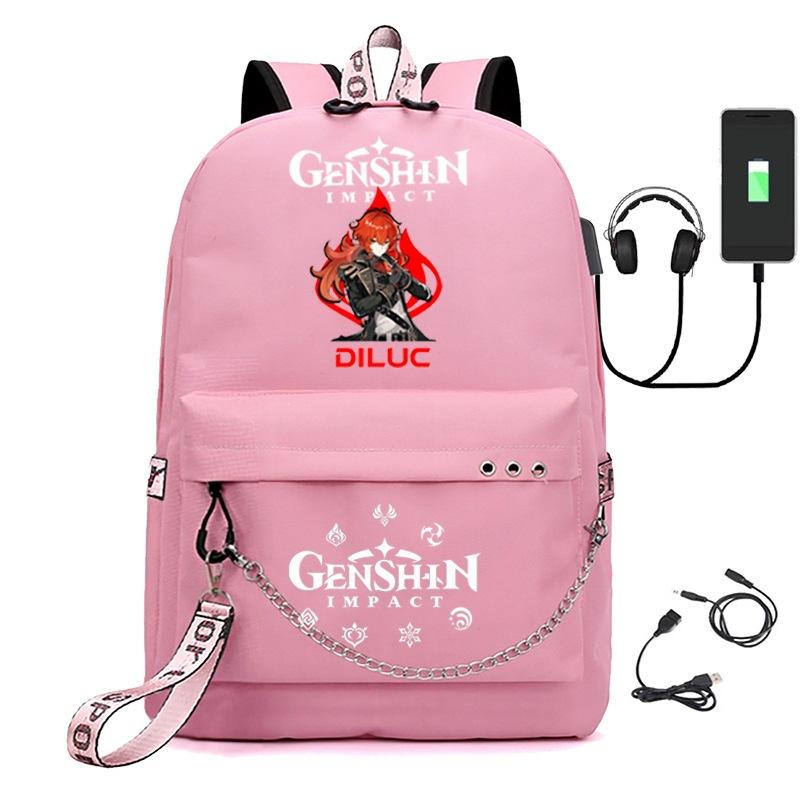 Printed Iron Chain Usbgenshinimpact Yuanshen Backpack Leisure Middle School Student Travel School Bag