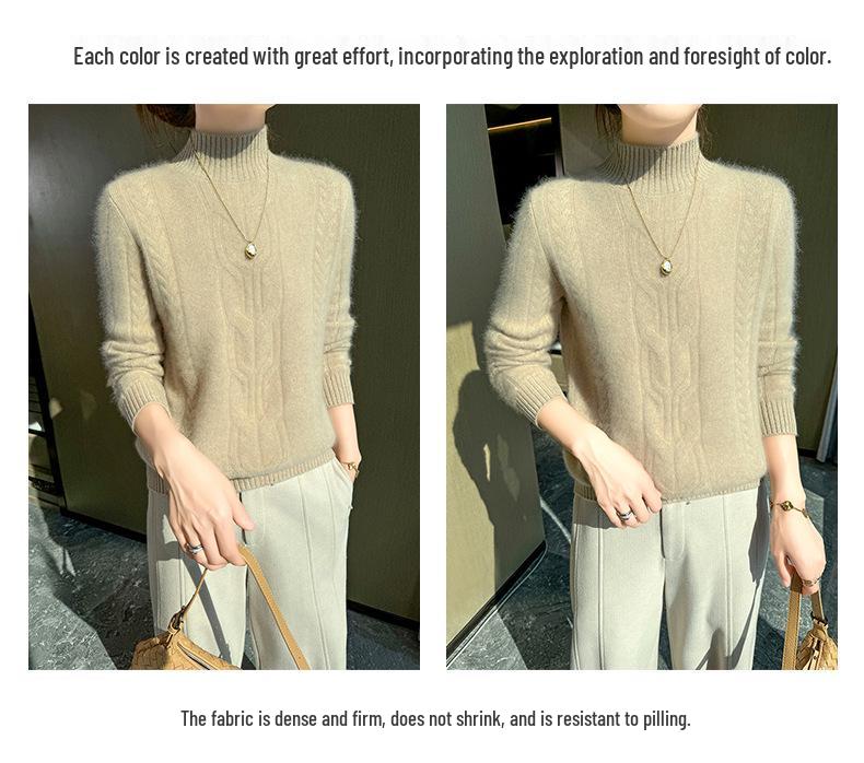 2024 Women's Autumn/Winter Wool Sweater - Solid Color, Thick Knit, Half-High Collar, Long Sleeve, Cable Knit Base Layer