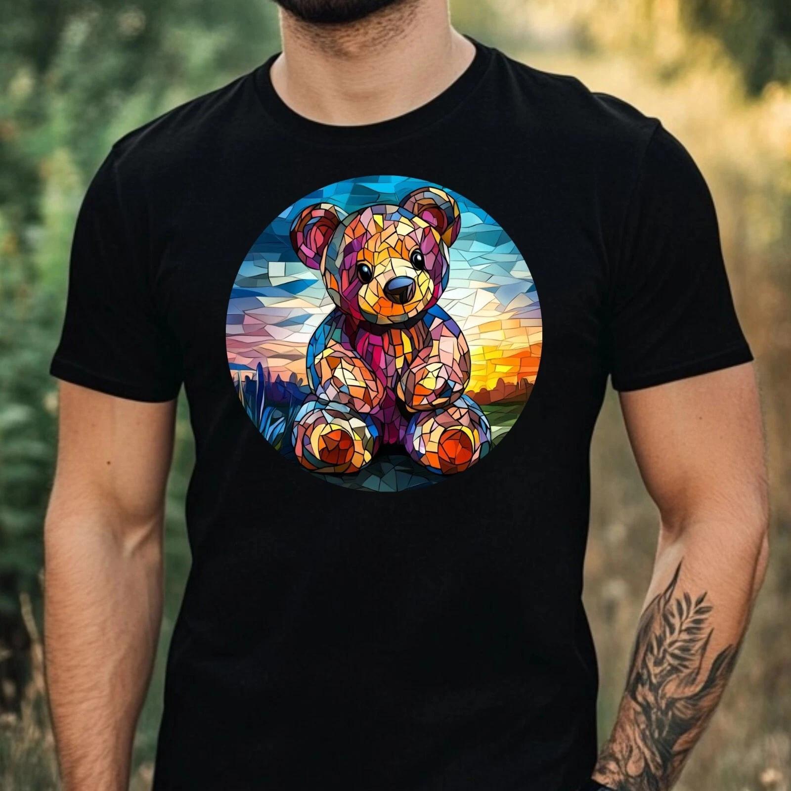 T-Shirt Herren Teddybär Buntglas Motiv Baumwolle Größe XS bis 5XL XXXL