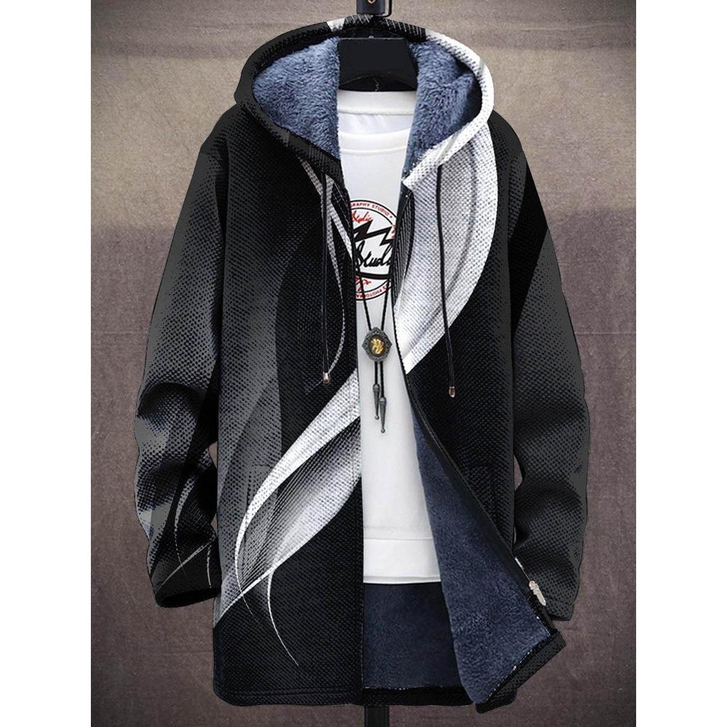 Men Cardigans Coats Geometric Stripe Square Printed Plush Thick Winter Abstract Art Graphics Jackets Casual Streetwear Clothing