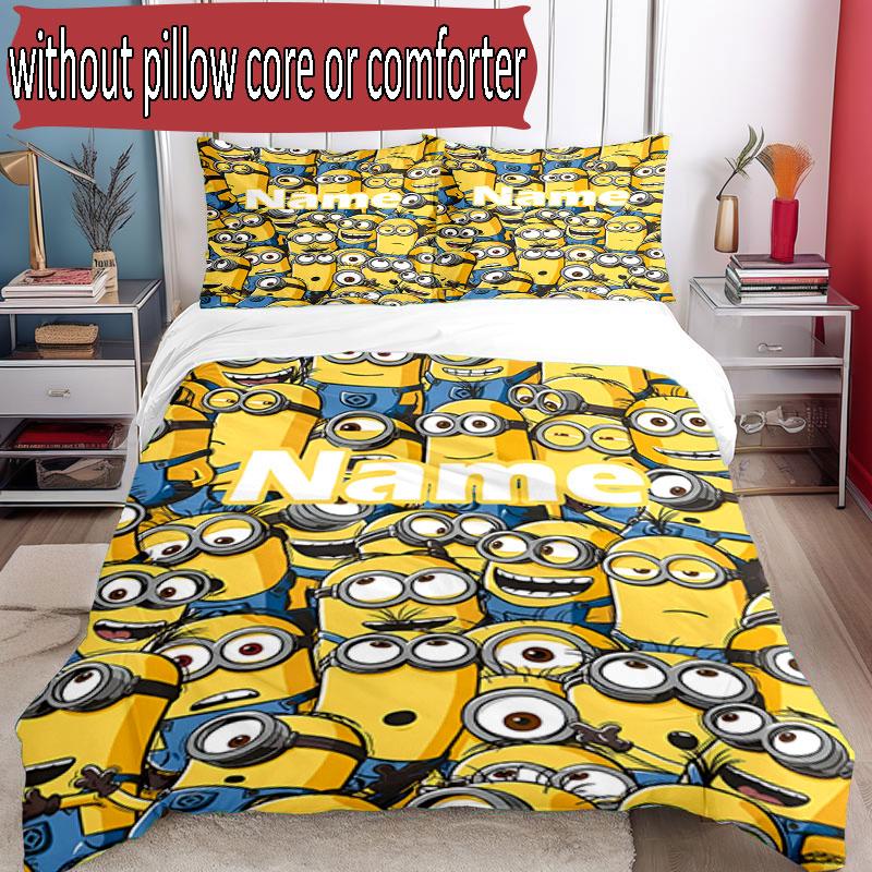 3pcs Duvet Cover Set (1*Duvet Cover + 2*Pillowcase, Without Core), Custom Name Minions Pattern Bedding Set, Home Bedroom Decor Gift