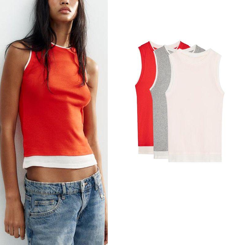 Summer New Product Women's Clothes Ins Style Cotton Double Layer Effect Round Neck Sleeveless Simple T-shirt Tops 5644776