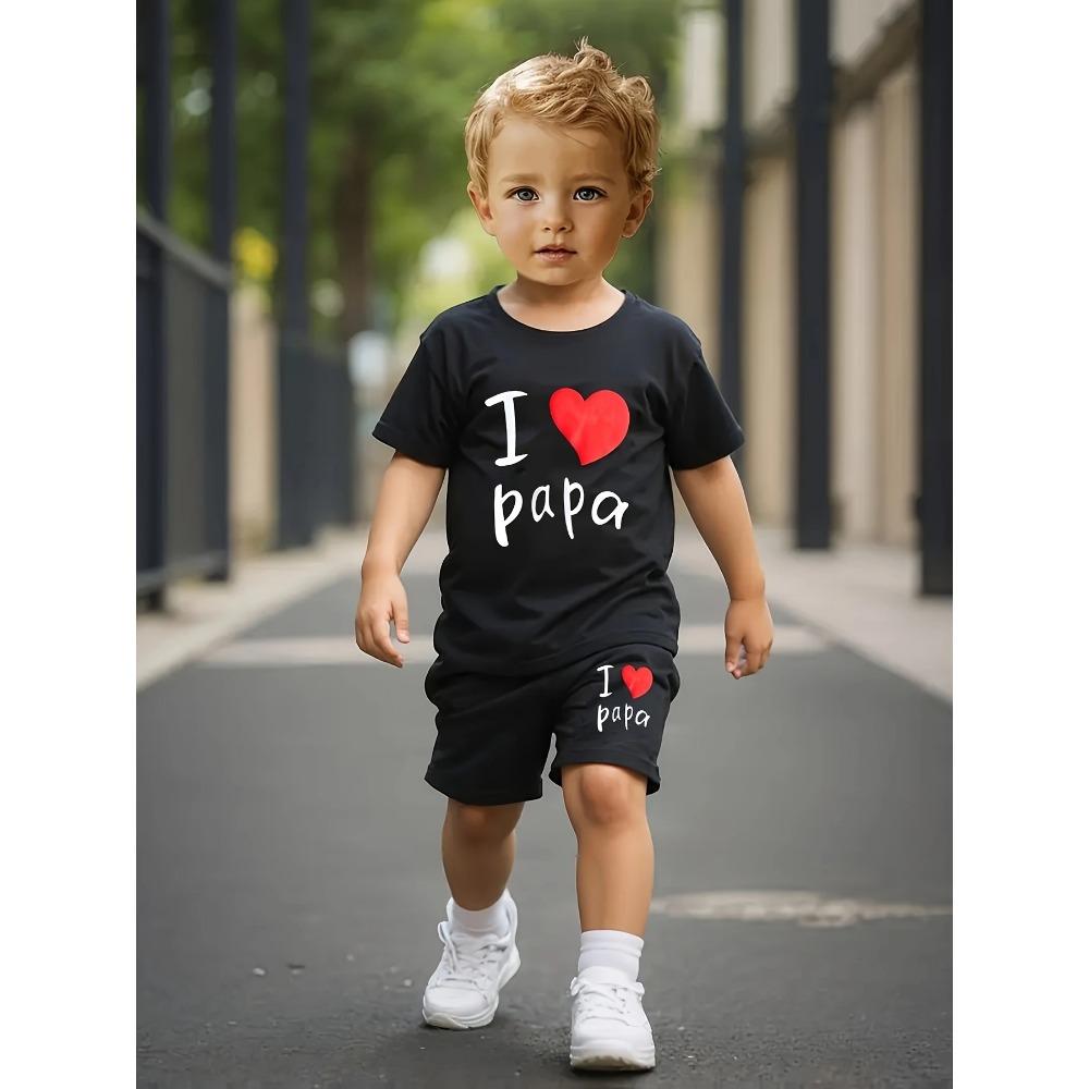 Baby boy round neck I LOVE Papa letter pattern top+casual shorts set, suitable for spring and summer outdoor two-piece set 150