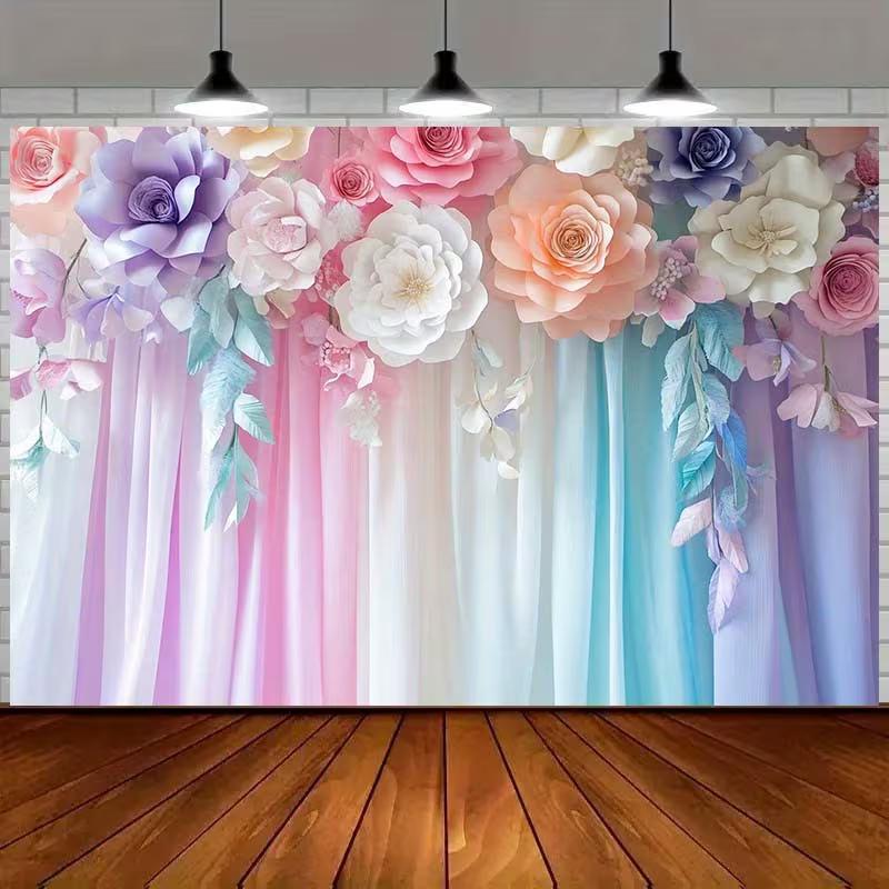 

2D Floral Photo Backdrop, Pink Blue Purple Fabric Background for Baby Shower, Bridal Shower, Studio Photoshoot 47.2x31.5inch/120*80cm