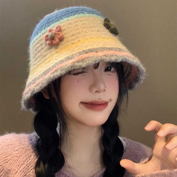 Sweet Flower Knitted Bucket Hat Women's Autumn and Winter Washbasin Hat Big Head Circumference Wool Hat Tide