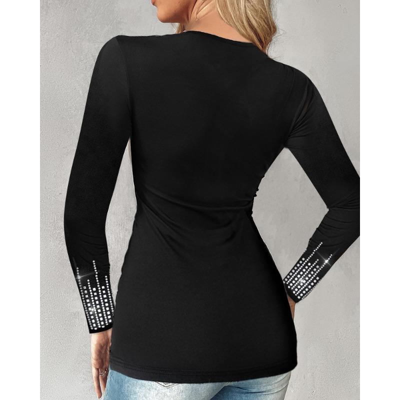 Women S Long Sleeve V Neck Solid Rhinestone T Shirt Plus Size