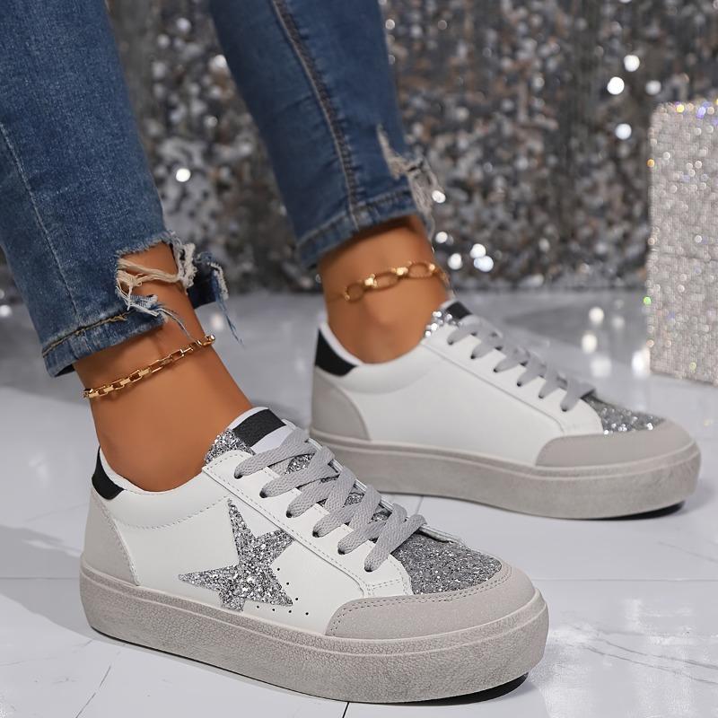 [Everyday Comfort] Women's Leopard Print Star Sneakers, Casual Lace-Up Low Top Shoes with Round Toe, Fabric Upper & Mesh Inner, PVC Sole